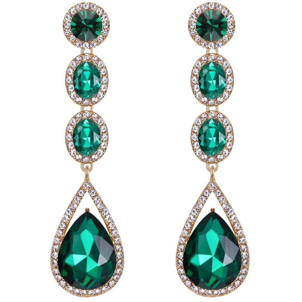 Yellow Gold with Emerald Green Crystal Teardrop Halo Chandelier Post Earrings